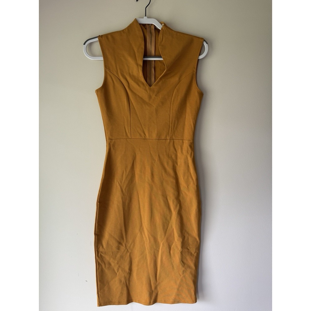 Rolla Coster Mustard Yellow Sleeveless Bodycon Midi Sheath Dress V-Neck Size M